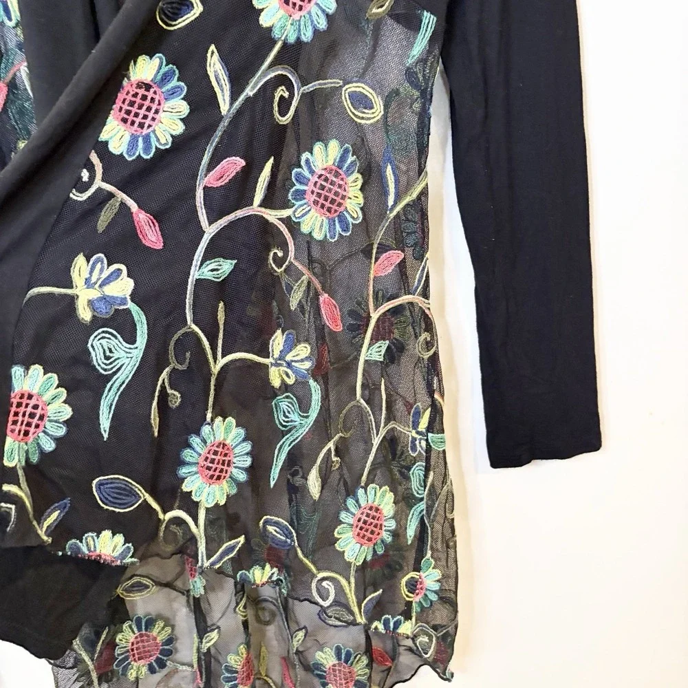 Kim & Cami Black Floral Mesh Open Front Cardigan Duster Boho Jersey Knit Size L - Picture 3 of 6